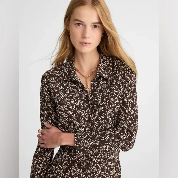 Madewell Ruched Midi Shirt Dress Size 12 Black Ivory Floral NWT - Image 3