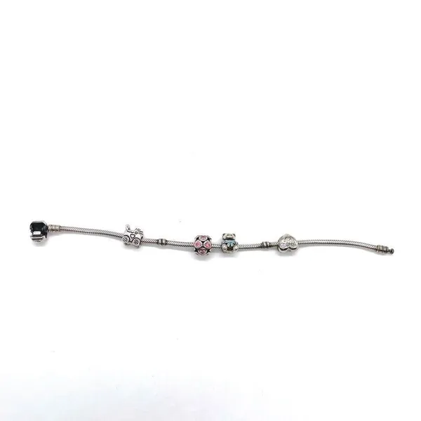 Pandora Charm Bracelet with 4 charms Babycarriage HeartTeddyBear/Pink Ball - Image 2