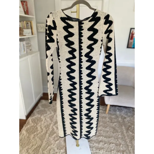 Shein Bodycon Midi Dress Black Cream Zigzag Buttery‎ Soft Quiet Luxury Parisian - Image 2