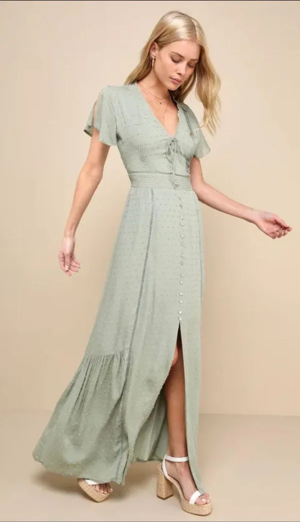 Lulus Completely In Love Sage Green Swiss Dot Button-Front Maxi Dress - Image 3