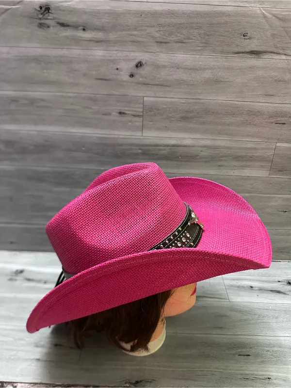 Silver Rodeo Women's Pink Straw Cowboy Hat with Studded Western Band - Image 2