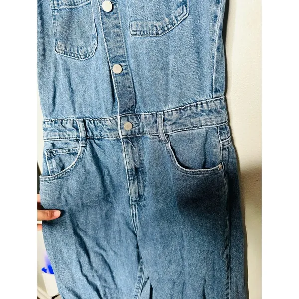 DL1961 Hannah Blue Denim Collared Cinched Waist Button Front Jumpsuit Size Small - Image 12