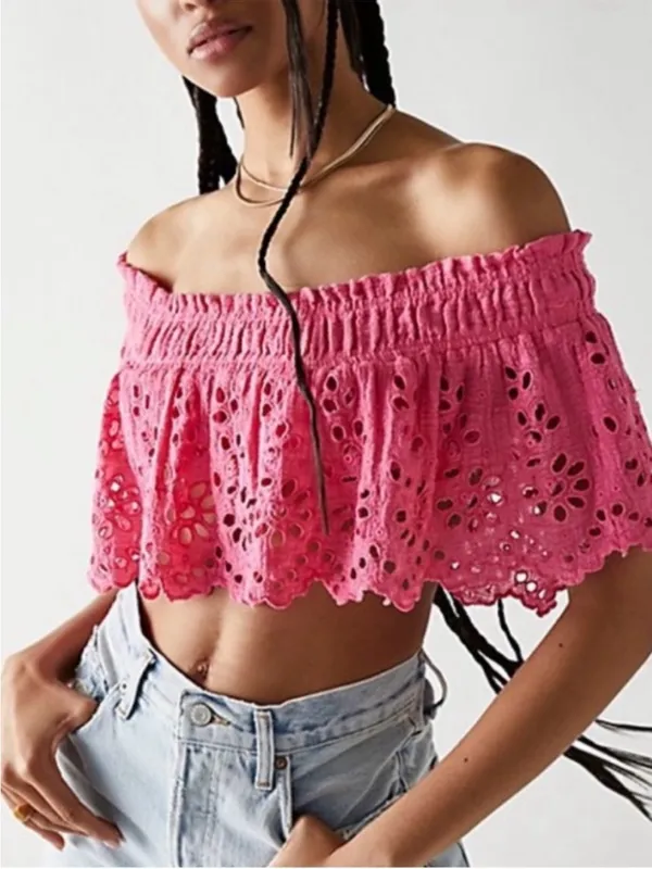 New Free People One Perla Pink Eyelet Lace Off The Shoulder Top L - Image 3