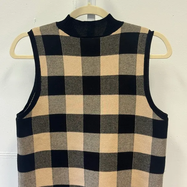 Loft Outlet Black Tan Buffalo Plaid Mock Neck Sleeveless Sweater Vest Top Career - Image 5