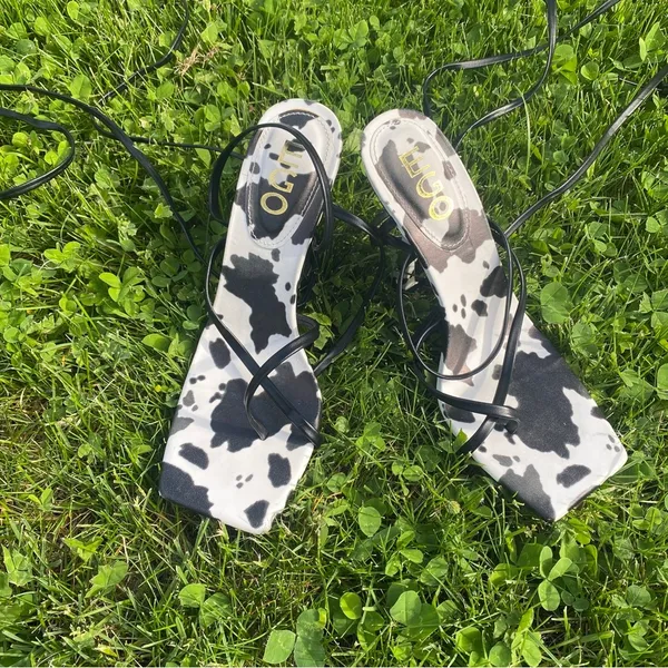 Ego Wishful strappy flare heel sandals in cow print - Image 3
