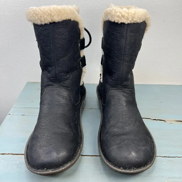 UGG Simmens Black Leather Shearling Lined Winter Boots 1007760 Womens 8 - Image 10