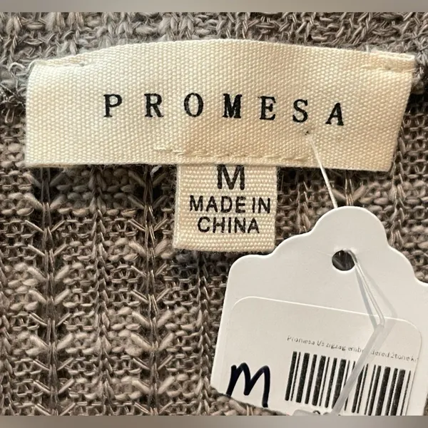 Prómesa Knit Top Brown Zigzag Embroidered Tassel Hem Boho Women Medium - Image 8