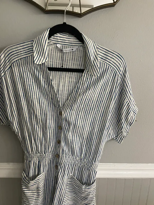 Blue White Stripe Lined Blend Button Down Shirt Short Romper Jumpsuit - Image 5