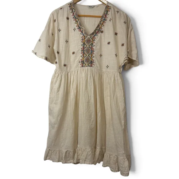 Max Women Cream Cotton Boho Embroidered V-Neck Ruffle Hem Mini Dress - Image 7
