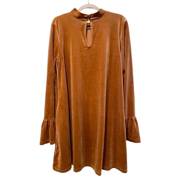 Very J Velvet Mini Dress Copper Brown Boho Bell Sleeve Mock‎ Neck Womens Large - Image 3