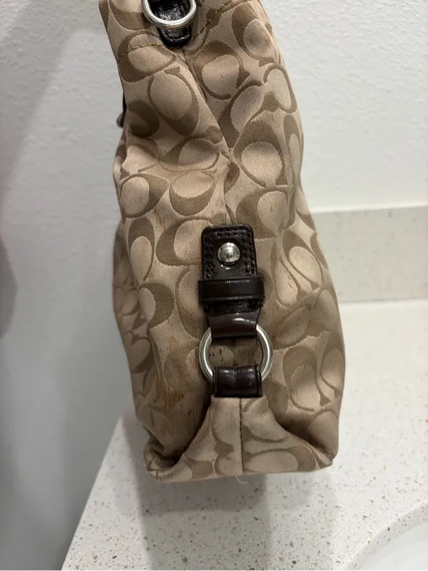 Coach Ashley Signature Sateen Carryall Satchel Bag F15510 Khaki Brown Leather⁠ - Image 5