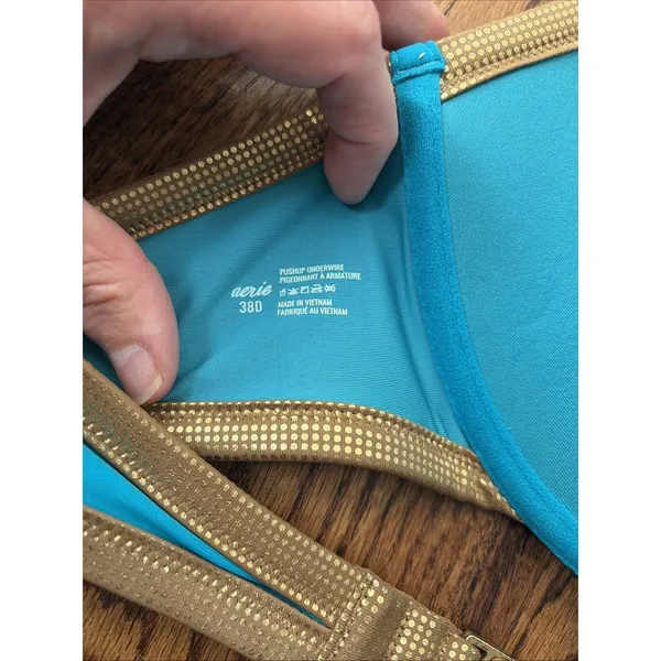 Aerie Bikini Set Womens 38D Top Pushup Bottom Size XL Blue Teal Gold Swimsuit - Image 5
