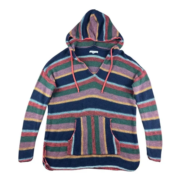 American Eagle Women Baja Hoodie Small Navy Multi Color Striped Knit Hippie Boho - Image 2