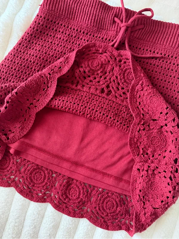 Universal Thread Crochet Mini Skirt in Deep Red with Ruffle Hem - Image 3