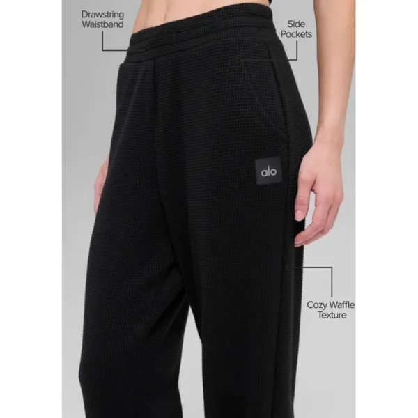 Alo Waffle Weekend Escape Joggers Black High-Rise Waist Thermal Sweats Sweatpant - Image 6