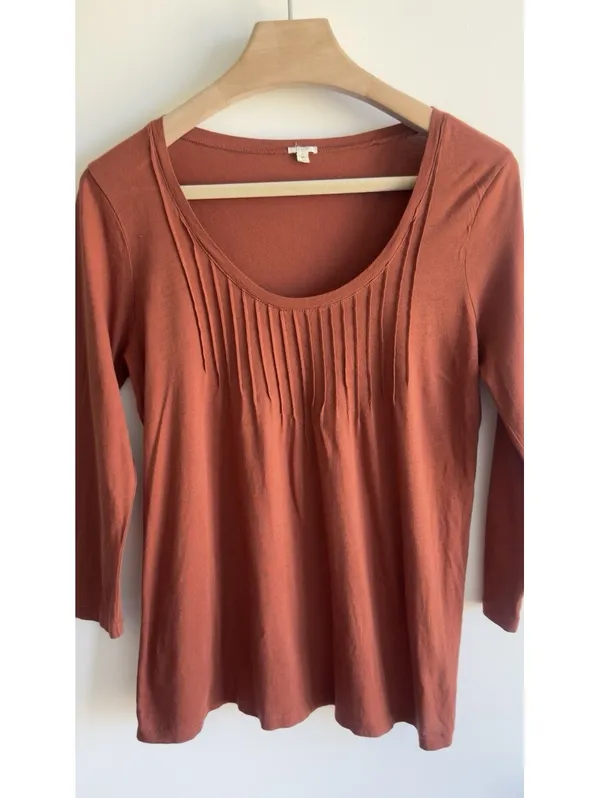 J Crew Pleated Scoop Neck 3/4 Sleeve Top Brown Rust Cotton Medium M - Image 4