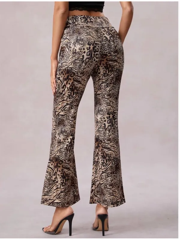 NEW SOLY HUX Leopard Elastic High Waist Flare Leg Pants S - Image 2
