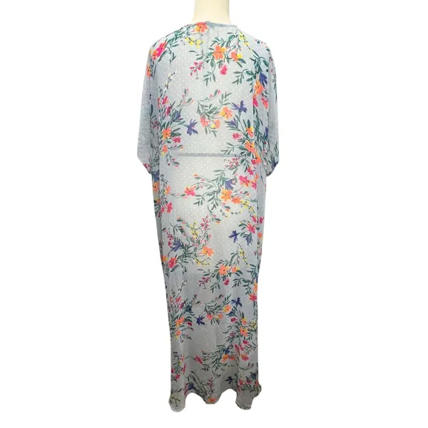 Boutique Kimono Swim Cover Up 0X-1X‎ Blue Floral Open Front Duster Resort Beach - Image 5