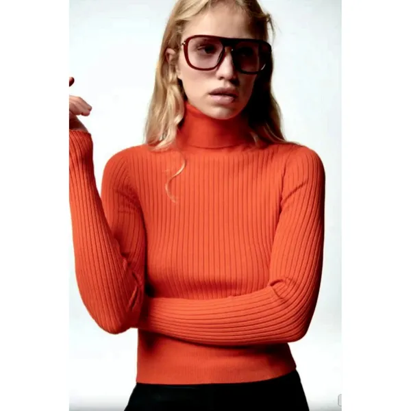 NWT!! ZARA Ribbed Turtleneck Sweater Bright Orange Fitted Knit Cropped Small - Image 4