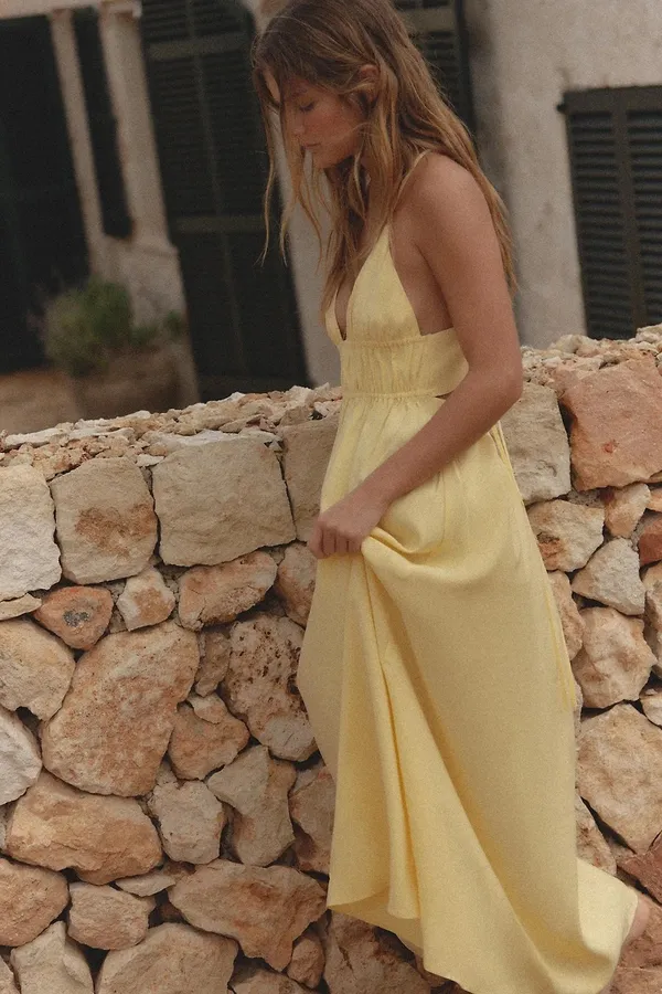 Zara Butter Yellow Bohemian Halter Cotton Maxi Dress - Image 10