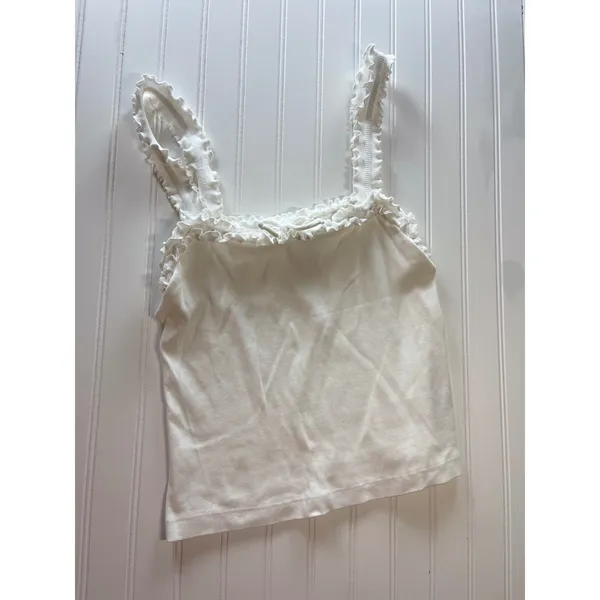 Maeve Anthropologie White Ribbed Ruffle Trim Camisole Tank Top Bow Detail Large - Image 2