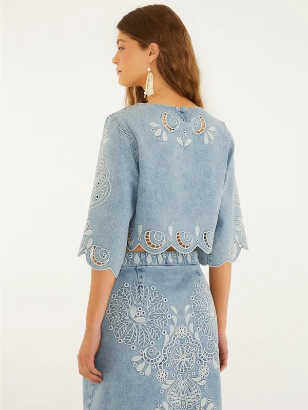 Farm Rio Denim Richelieu Kimono Sleeves Cropped Blouse M - Image 9