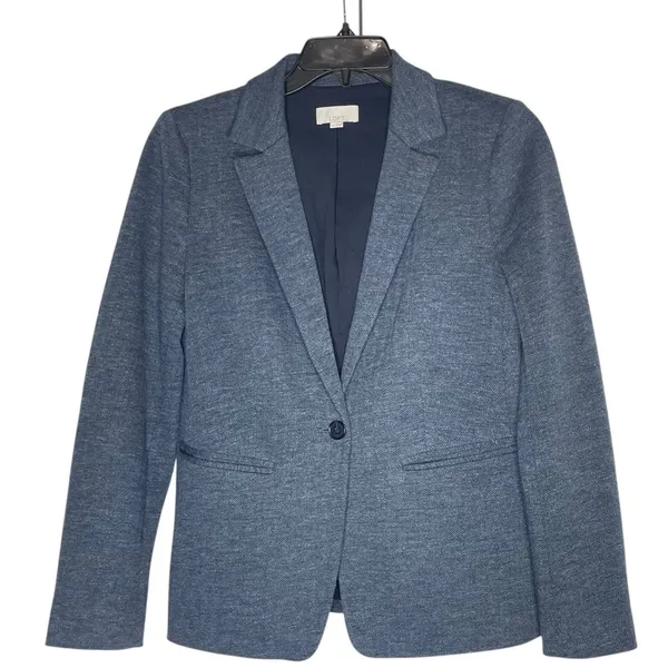 LOFT Blue/ Gray Herringbone Blazer with Navy Elbow Patches Size 6 - Image 2