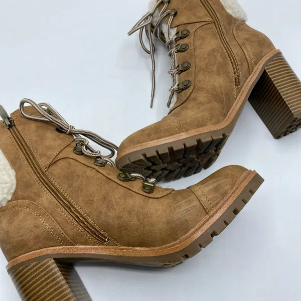 Chunky Heel Lace Up Faux Fur Lined Leather Boots 8.5 Nine West Brown Tan - Image 6