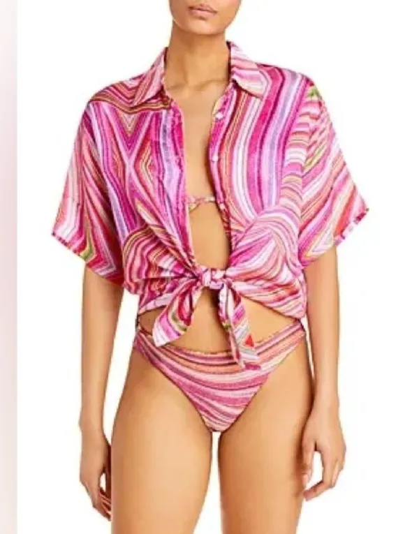 NWT Frankie’s Bikinis Fifi Button Down Short Sleeve Multi Colored Blouse Sz M - Image 9