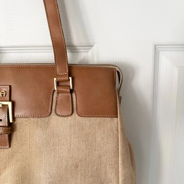 Etienne Aigner Vintage Woven Linen Tan Leather Trim Shoulder Tote Satchel Buckle - Image 4