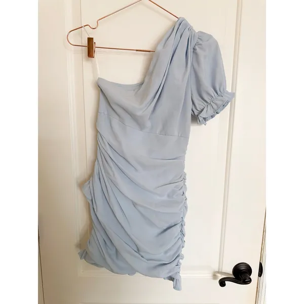 Hello Molly Mini Dress Women 4 Light Blue Excellent One‎ Shoulder Ruched Ruffle - Image 5