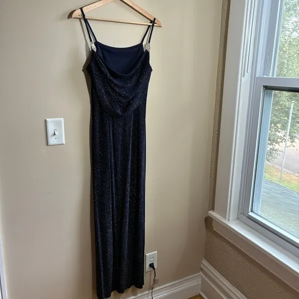 Bari Jay Vintage Formal Cowl Back Maxi Dress 7-8 Navy Women Glitter Rhinestone - Image 8
