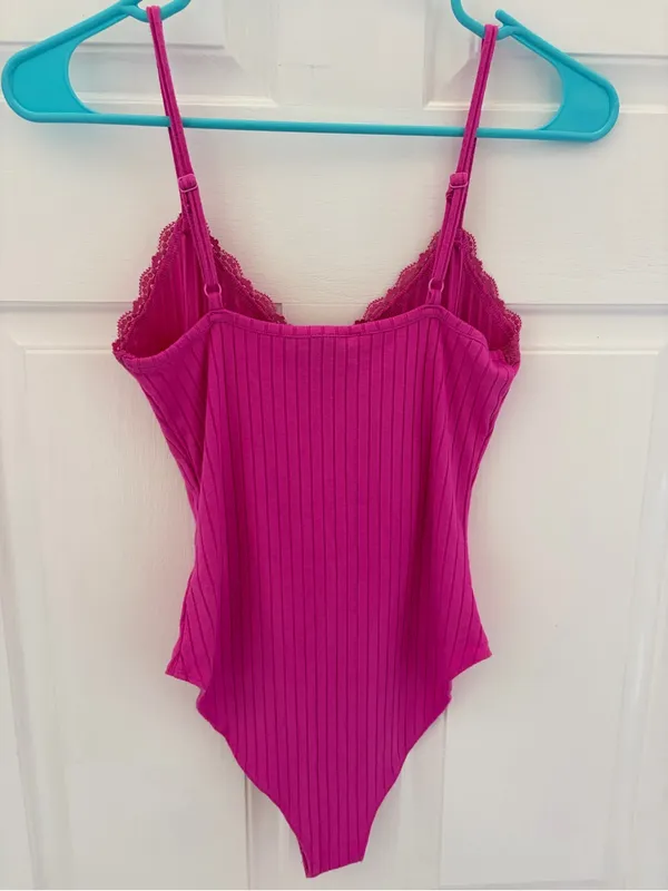 Forever 21 Fuchsia Ribbed Lace-Trim One-Piece - Image 4