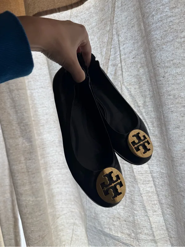 Tory Burch Reva Metallic Leather Flats Ballet Size 6.5 Womens Black Gold - Image 2