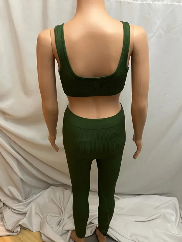 Source Unknown Olive Green Ribbed Seamless Activewear Set Sports Bra Leggings Yoga Gym M - Image 3
