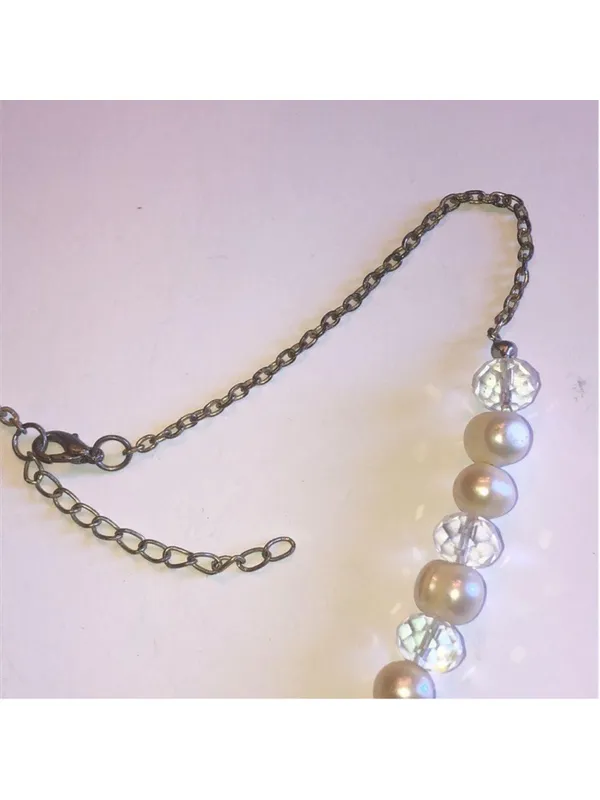 Silver Tone Genuine Pearls & Clear AB Beaded Boho Heart Pendant Necklace - Image 4