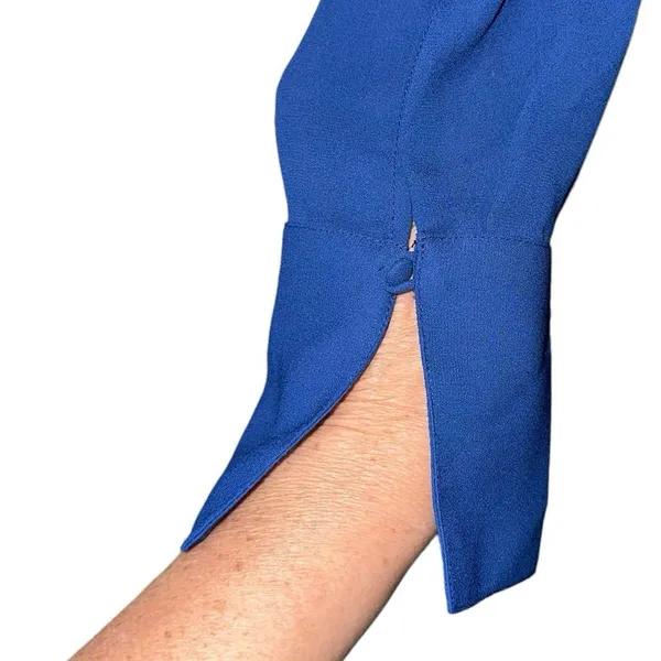 Trouve Faux Wrap Blouse‎ Large Blue Tie Neck Draped Front Long Sleeve Workwear - Image 2