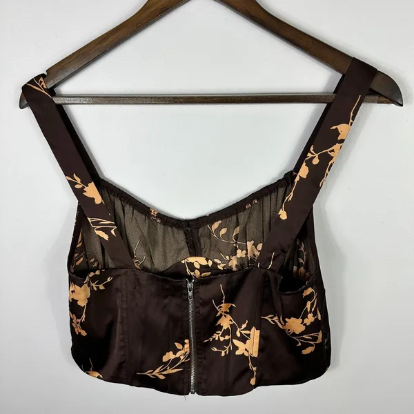 Isalis Corset Crop Top Womens Large‎ Brown Floral Satin Sleeveless Zipper Back - Image 5