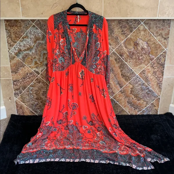 Free People If You Only Knew Maxi Dress Red Boho Peasant Caftan Cottagecore S - Image 2