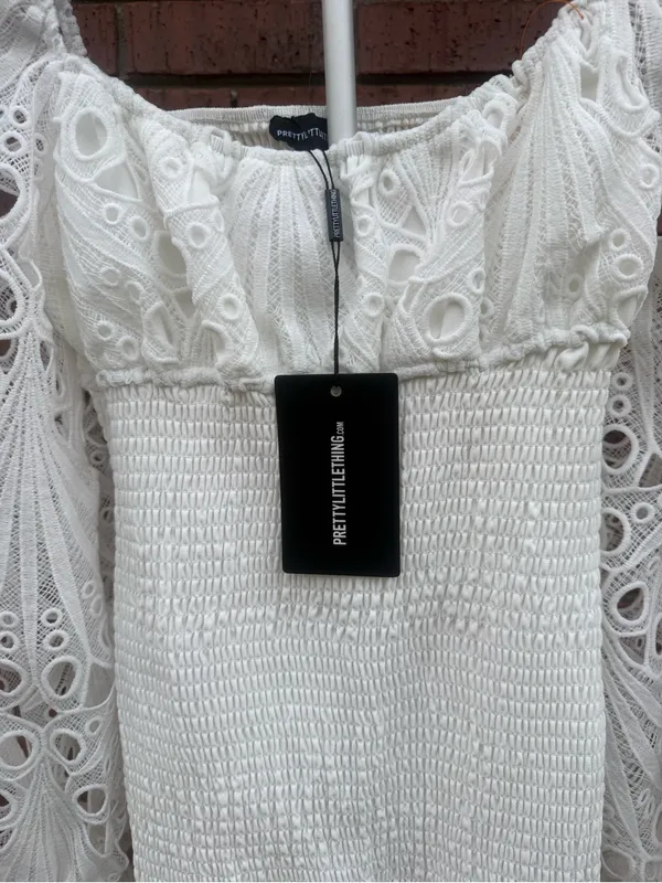 Pretty Little Thing White Lace Sleeve Shirred Bodycon Mini Dress Size 6 New NWT - Image 3