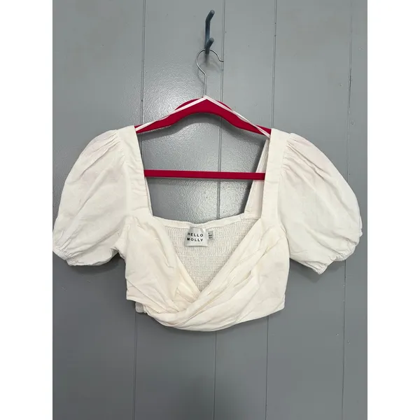Hello Molly White Linen Cotton Puff Sleeves Criss Cross Smocked Crop Top S - Image 2