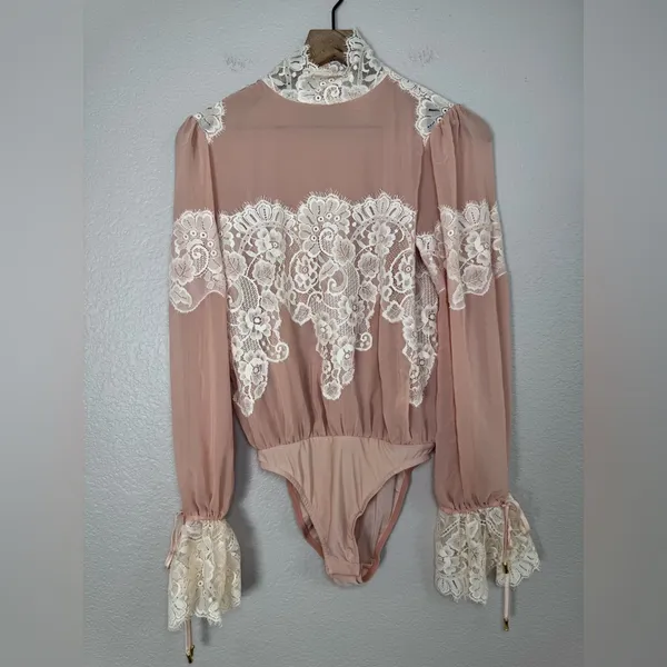 We Are HAH x Revolve Queen 4 A Day Lace Chiffon Bodysuit in Copper Rose size XS - Image 4