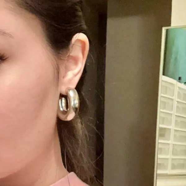 Curved Chunky Silver Hoop Earrings - Image 3