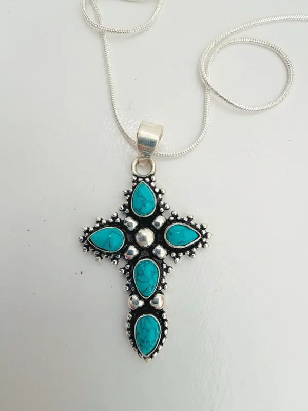 925 Sterling Silver Turquoise Cross Necklace Womens Jewelry Boho Western - Image 7