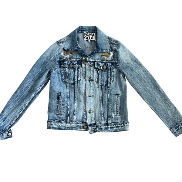 PAM & GELA Statement Denim Embroidered Jacket with Rhinestone Eagles‎ Size Small - Image 11