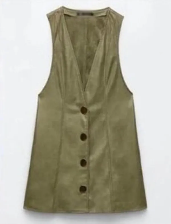 ZARA Mini PINAFORE FAUX LEATHER A-LINE V-Neck DRESS W/ BUTTONS Green SIZE S NEW - Image 10