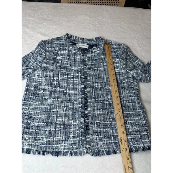 Calvin Klein Womens Blue White Tweed Fringe Open Front Jacket Size 2 Old money - Image 9