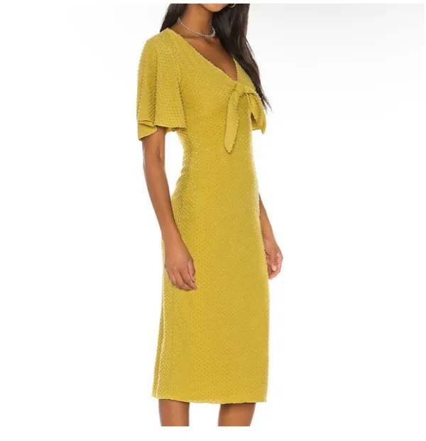 NWOT Revolve Tularosa chase short sleeve midi dress in pear with bow - Image 2