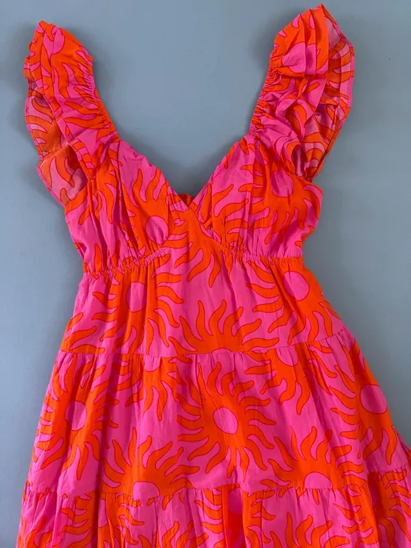 NWT J.Marie Mara Ruffle Sleeve Sunshine‎ Print Pink Boho Tie Back Midi Dress - Image 6