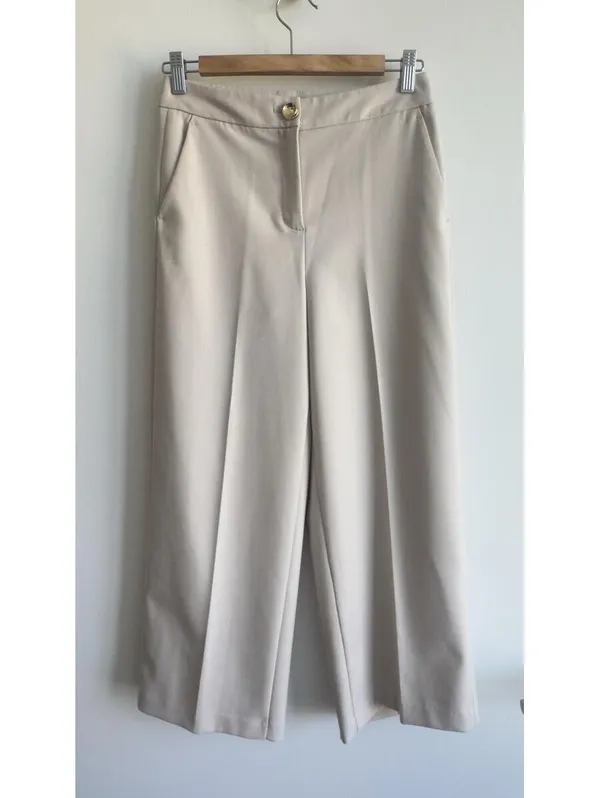 Zara Wide Leg Cropped Pants Cream High Rise Gold Button Stretch XS 24 - Image 3